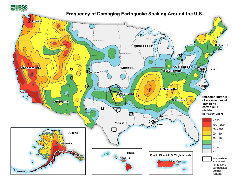 map of seismic activity in US